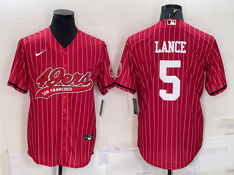 Men's San Francisco 49ers #5 Trey Lance Red With Patch Cool Base Stitched Baseball Jersey Men's San Francisco 49ers #5 Trey Lance Red With Patch Cool Base Stitched Baseball Jersey